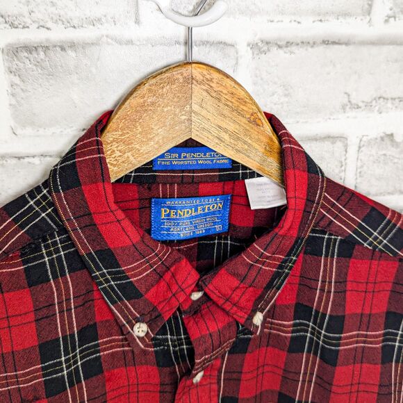 Pendleton Men's Virgin wool Button down flannel shirt Red plaid size Large - Picture 3 of 5